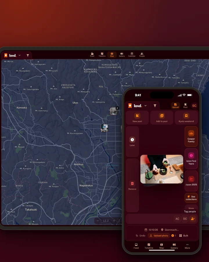 Lovd on a laptop and a phone: the map of Kyoto dotted with family photos, one just landing, while the phone sorts the next new photo.