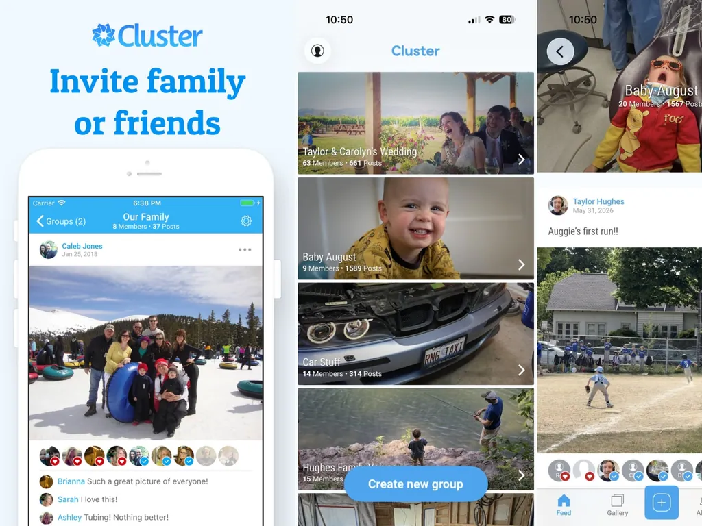 Cluster: фото семейной группы, список групп и публикация с комментариями