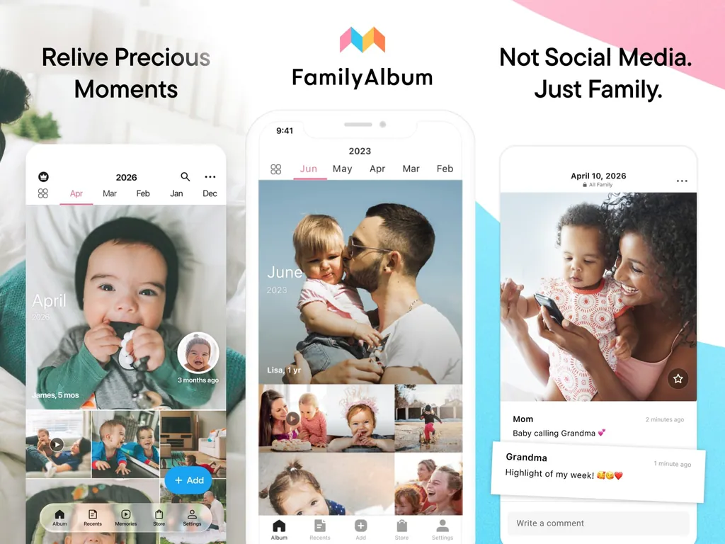 FamilyAlbum на iPhone: фото малыша, разложенные по альбомам за каждый месяц, и комментарии семьи к публикации