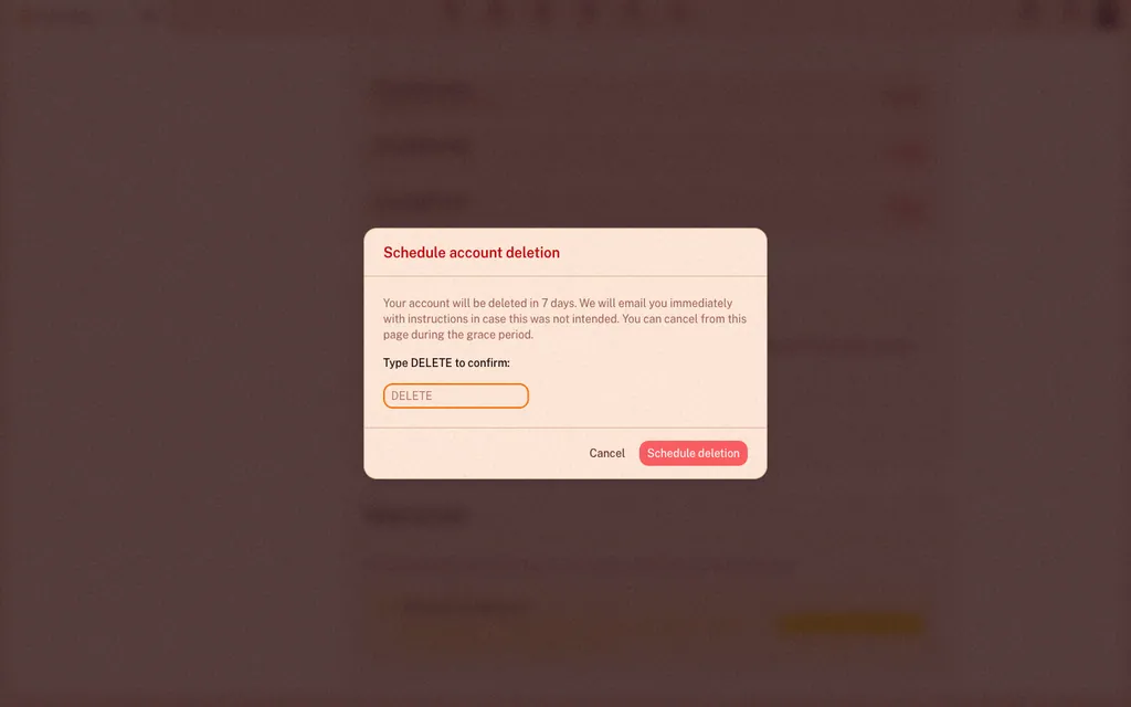 نافذة جدولة حذف الحساب مع حقل التأكيد الذي يُكتب فيه DELETE