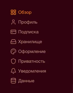 Навигация настроек аккаунта: Обзор, Профиль, Подписка, Хранилище, Оформление, Конфиденциальность, Уведомления и Данные