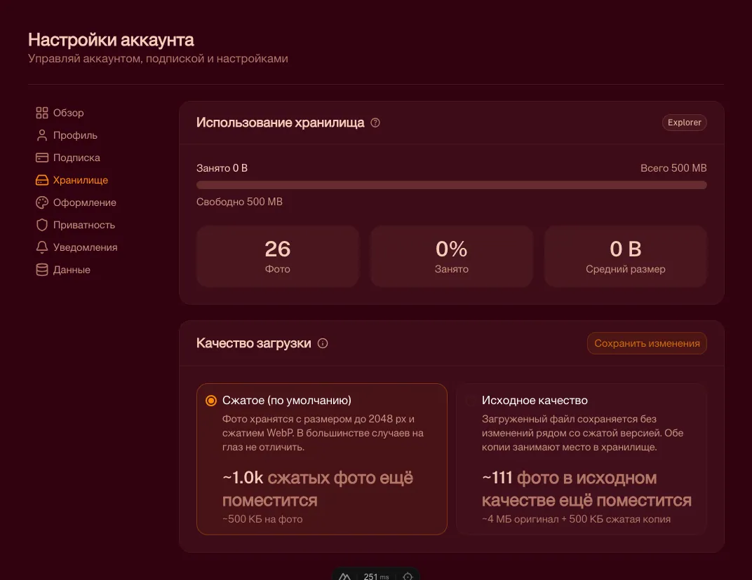 Страница «Хранилище» с полосой заполненности, числом фото, процентом использования и средним размером файла