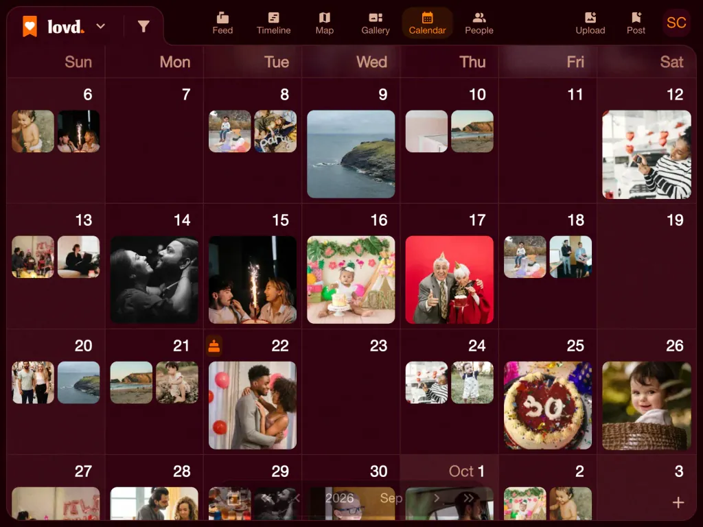 The Lovd calendar in September: photos on most days, from birthday cakes to a clifftop walk, and a birthday marked on the 22nd.