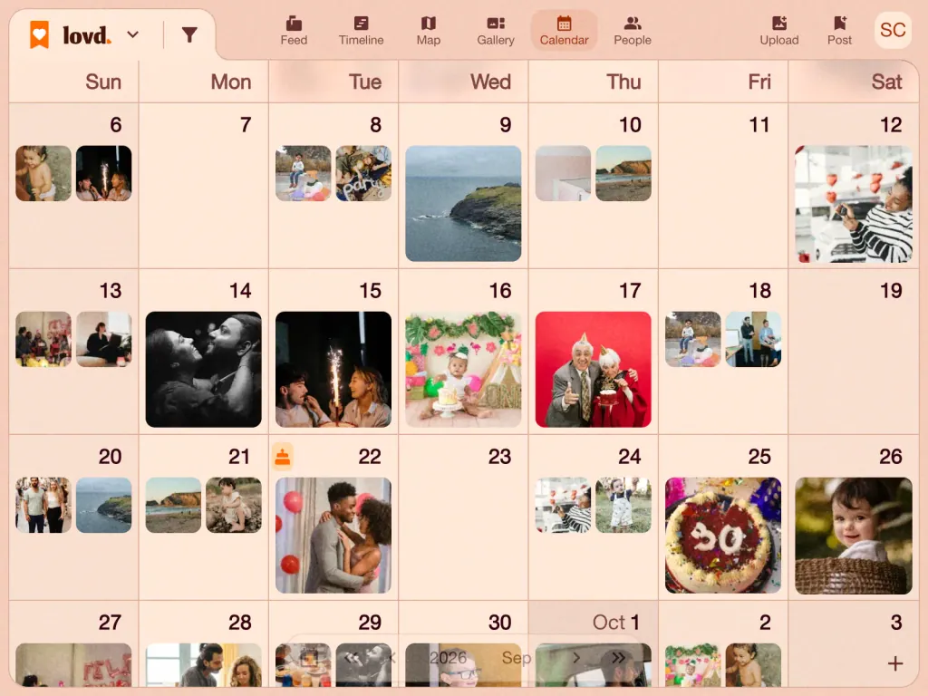 The Lovd calendar in September: photos on most days, from birthday cakes to a clifftop walk, and a birthday marked on the 22nd.