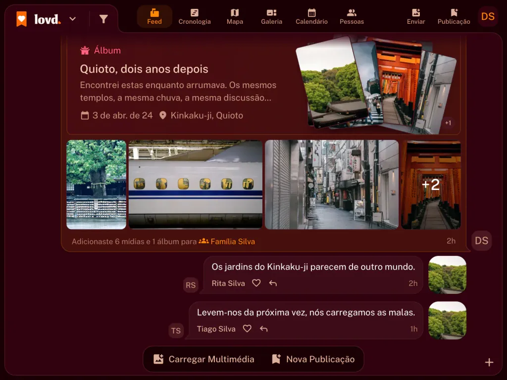 O feed do Lovd: um álbum, "Quioto, dois anos depois", com fotos dos portões de Fushimi Inari e do comboio-bala, e dois comentários da família por baixo.