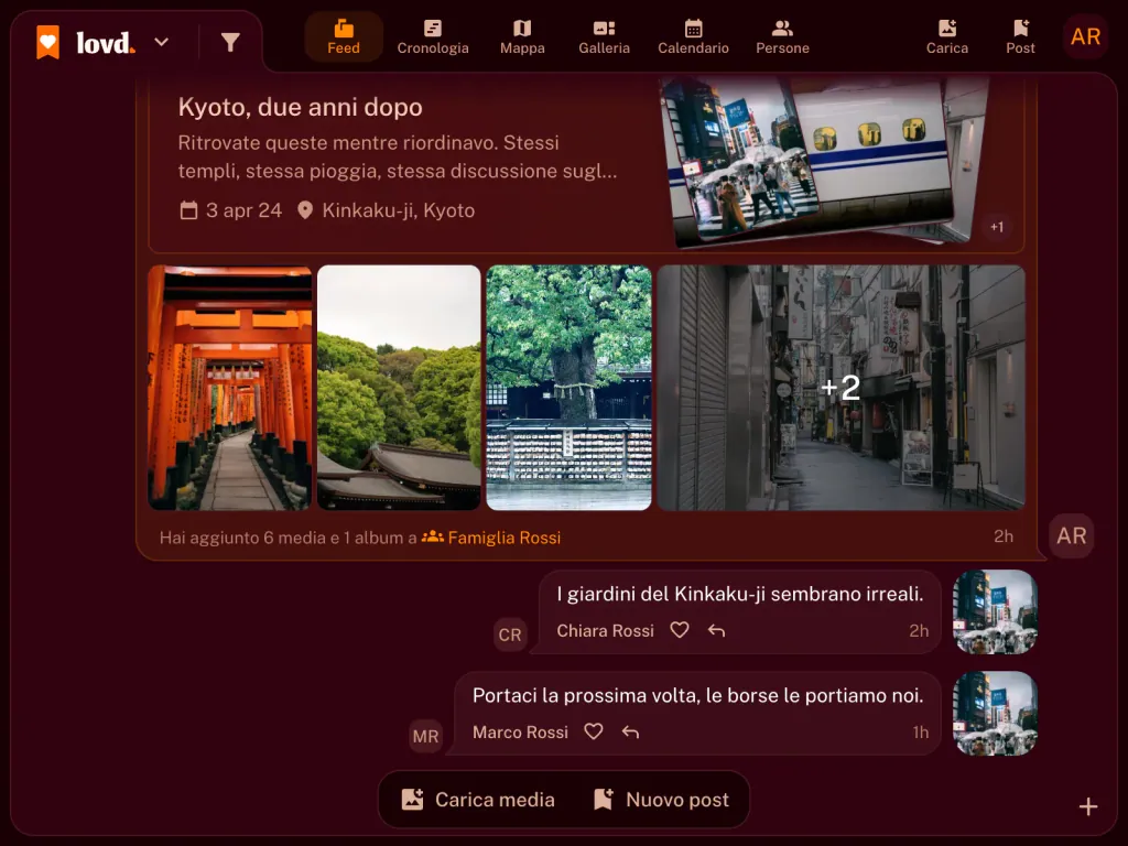 Il feed di Lovd: un album, "Kyoto, due anni dopo", con foto dei portali di Fushimi Inari e del treno proiettile, e sotto due commenti della famiglia.