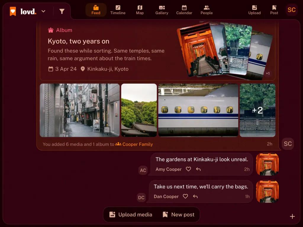 The Lovd feed: an album, "Kyoto, two years on", with photos of the Fushimi Inari gates and the bullet train, and two family comments under it.