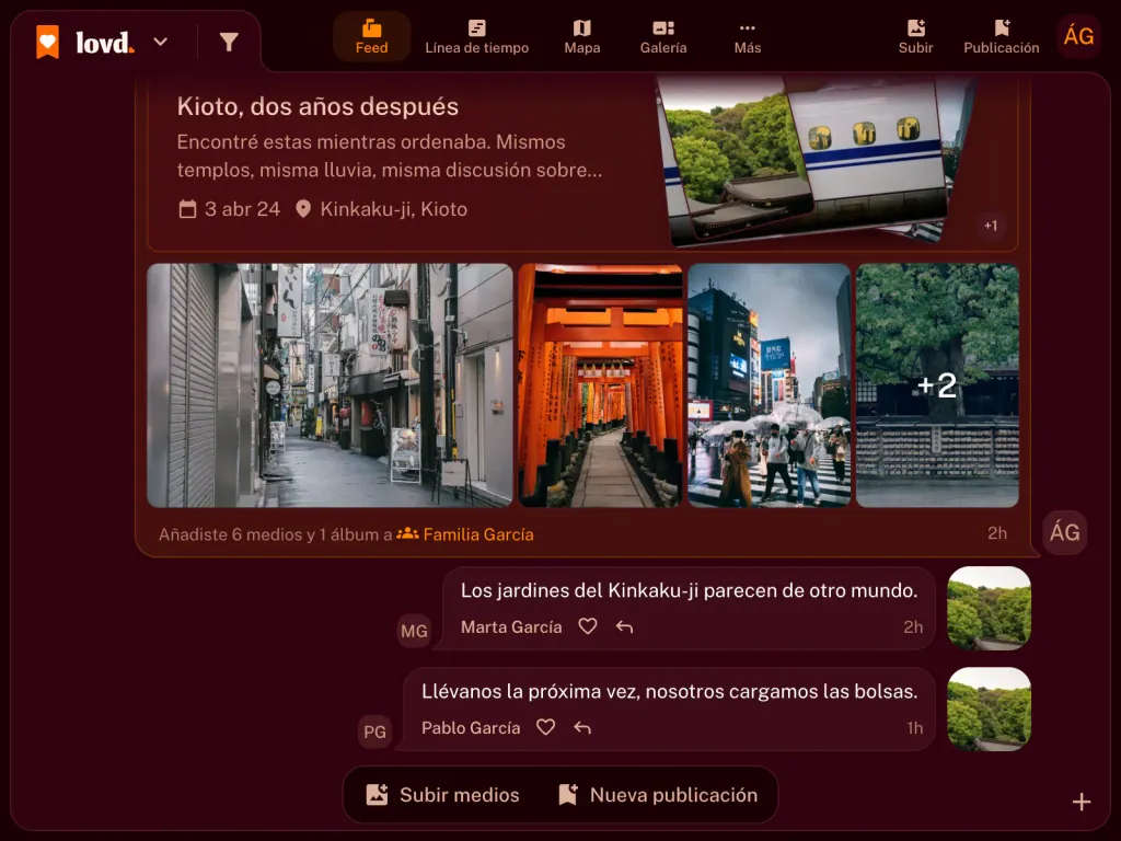 El feed de Lovd: un álbum, «Kioto, dos años después», con fotos de las puertas de Fushimi Inari y del tren bala, y dos comentarios de la familia debajo.