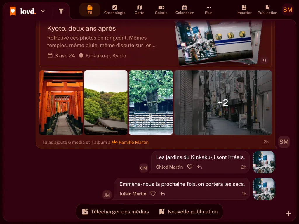 Le fil Lovd : un album, « Kyoto, deux ans après », avec des photos des portiques de Fushimi Inari et du train à grande vitesse, et deux commentaires de la famille en dessous.