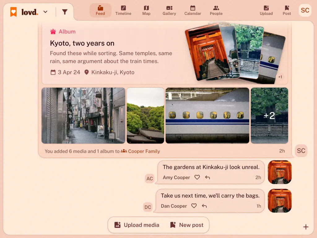 The Lovd feed: an album, "Kyoto, two years on", with photos of the Fushimi Inari gates and the bullet train, and two family comments under it.