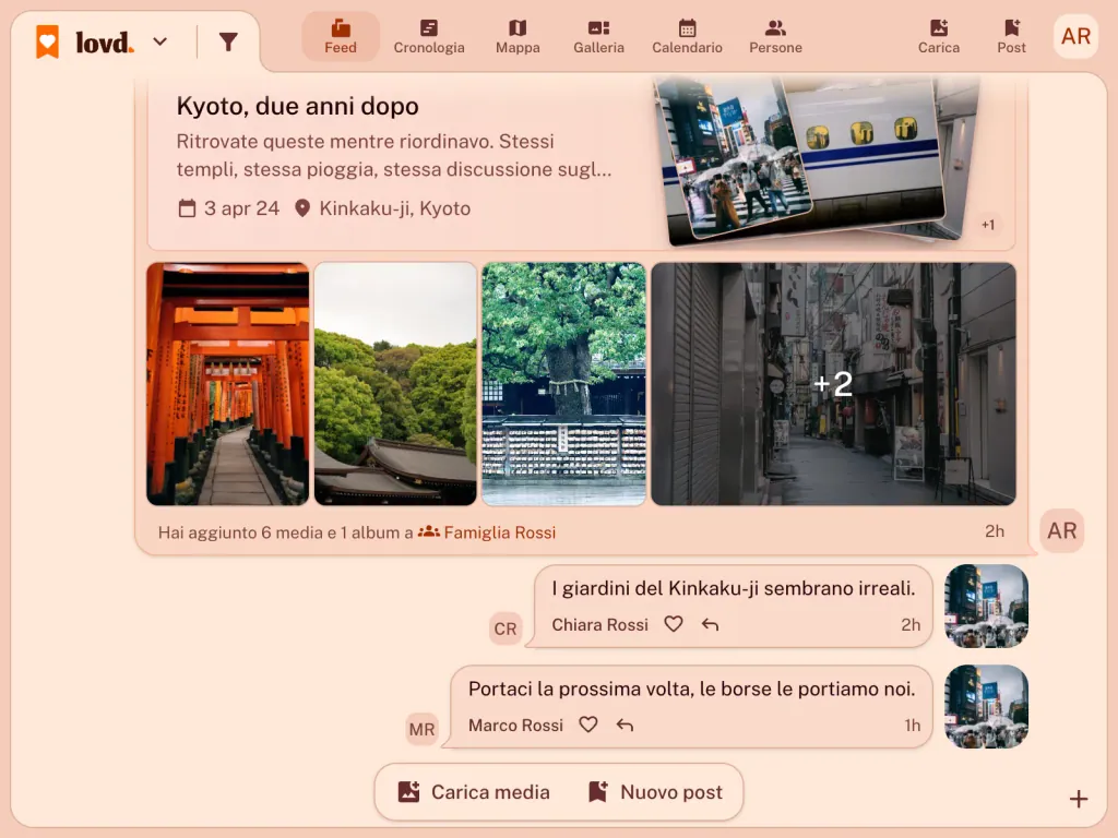 Il feed di Lovd: un album, "Kyoto, due anni dopo", con foto dei portali di Fushimi Inari e del treno proiettile, e sotto due commenti della famiglia.