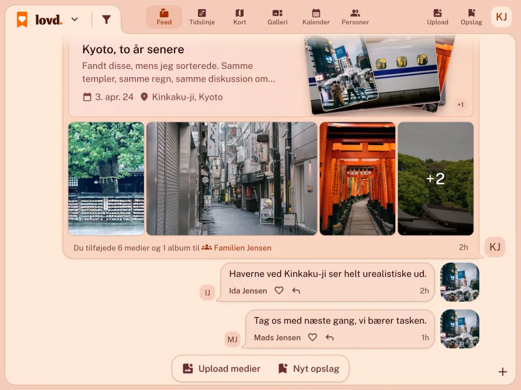 Lovd-feedet: et album, "Kyoto, to år efter", med billeder af portene ved Fushimi Inari og lyntoget, og to kommentarer fra familien nedenunder.