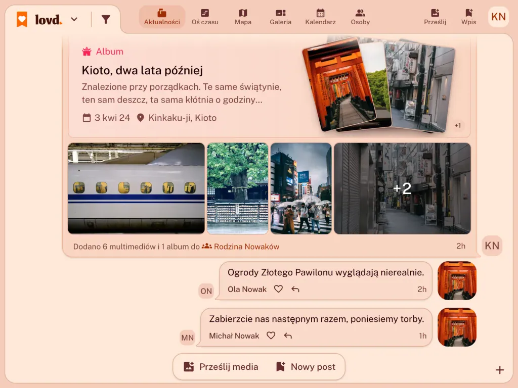 Aktualności w Lovd: album „Kioto, dwa lata później” ze zdjęciami bram Fushimi Inari i pociągu shinkansen oraz dwoma komentarzami rodziny pod spodem.