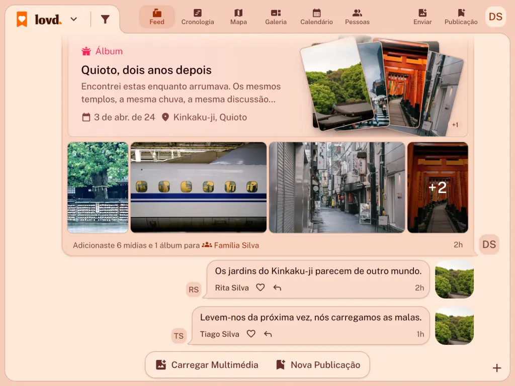 O feed do Lovd: um álbum, "Quioto, dois anos depois", com fotos dos portões de Fushimi Inari e do comboio-bala, e dois comentários da família por baixo.