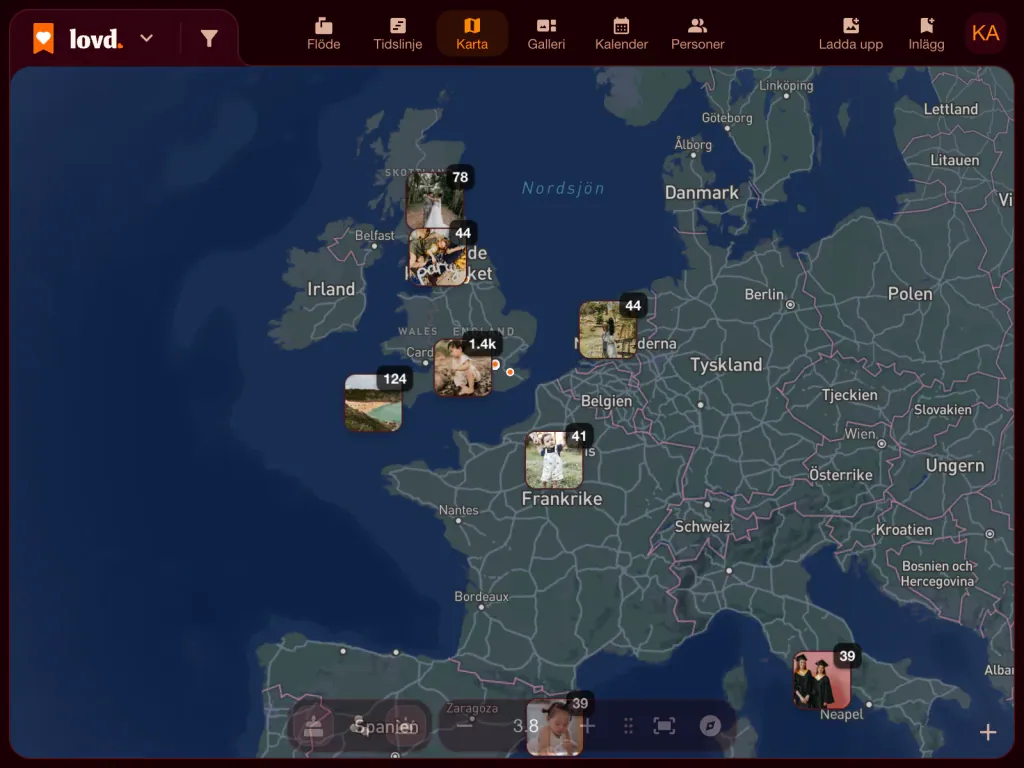 Lovds karta över Europa med fotohögar i Storbritannien, Frankrike, Nederländerna och Italien, de flesta i södra England.