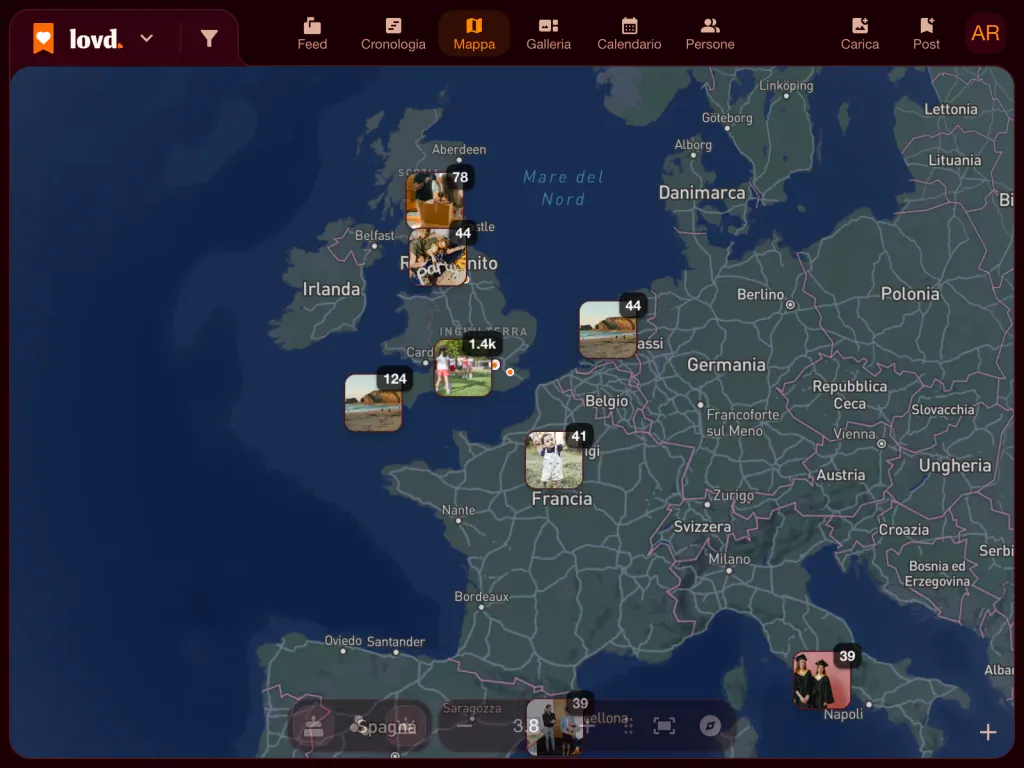 La mappa dell'Europa di Lovd con gruppi di foto nel Regno Unito, in Francia, nei Paesi Bassi e in Italia, la maggior parte nel sud dell'Inghilterra.