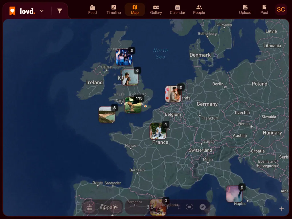 The Lovd map of Europe with photo stacks across the UK, France, the Netherlands and Italy, most of them in southern England.