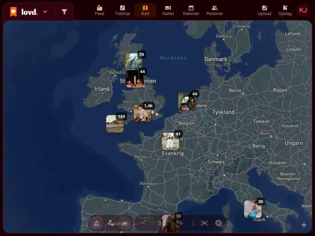 Lovd-kortet over Europa med bunker af billeder i Storbritannien, Frankrig, Holland og Italien, de fleste i Sydengland.