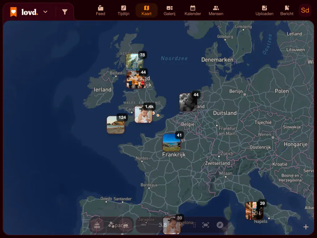 De Lovd-kaart van Europa met stapels foto's in het Verenigd Koninkrijk, Frankrijk, Nederland en Italië, de meeste in Zuid-Engeland.