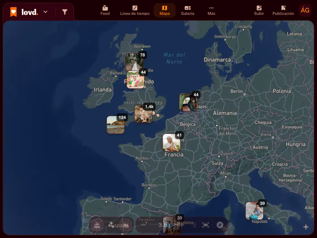 El mapa de Europa de Lovd con montones de fotos en el Reino Unido, Francia, los Países Bajos e Italia, la mayoría en el sur de Inglaterra.