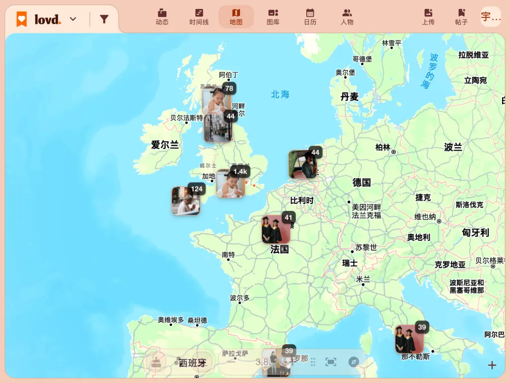显示欧洲的 Lovd 地图,照片堆分布在英国、法国、荷兰和意大利,大多数在英格兰南部。