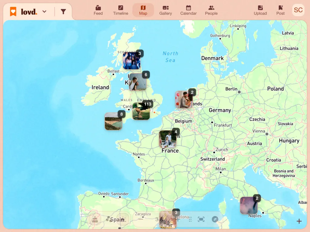 The Lovd map of Europe with photo stacks across the UK, France, the Netherlands and Italy, most of them in southern England.