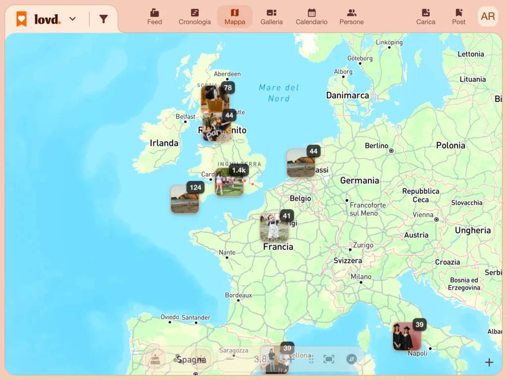 La mappa dell'Europa di Lovd con gruppi di foto nel Regno Unito, in Francia, nei Paesi Bassi e in Italia, la maggior parte nel sud dell'Inghilterra.
