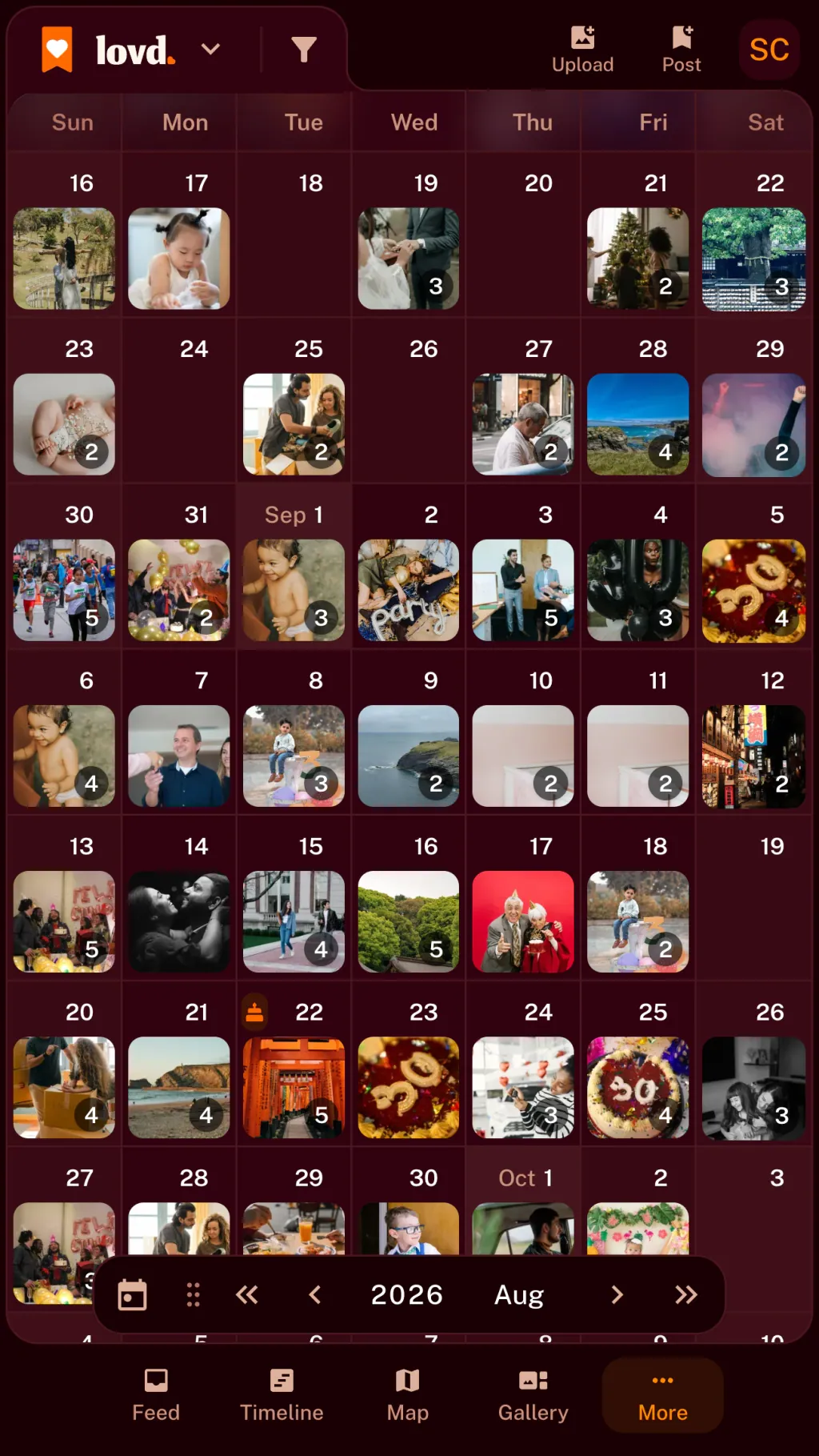 The Lovd calendar in September: photos on most days, from birthday cakes to a clifftop walk, and a birthday marked on the 22nd.