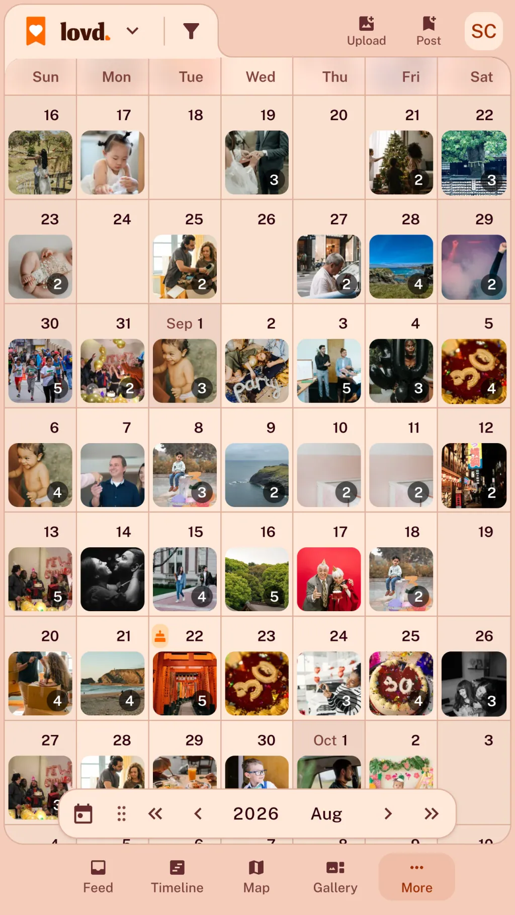 The Lovd calendar in September: photos on most days, from birthday cakes to a clifftop walk, and a birthday marked on the 22nd.