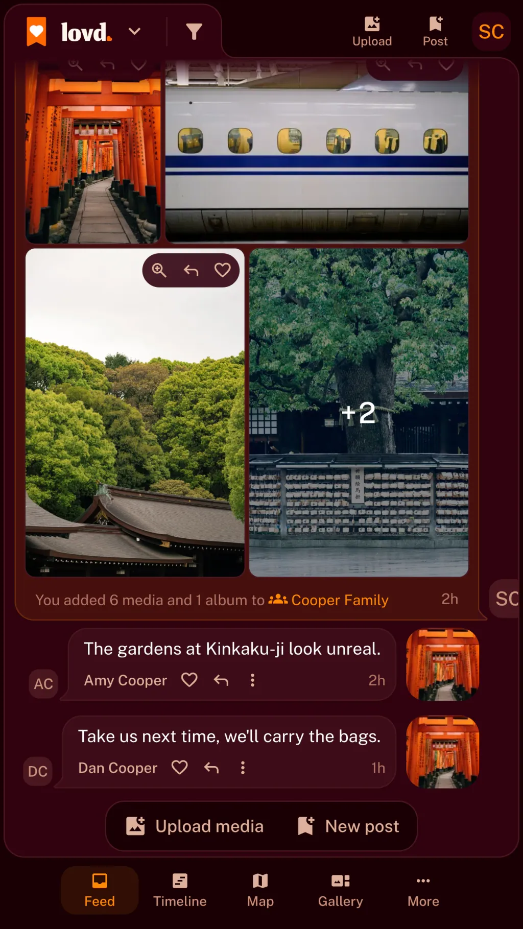 The Lovd feed: an album, "Kyoto, two years on", with photos of the Fushimi Inari gates and the bullet train, and two family comments under it.