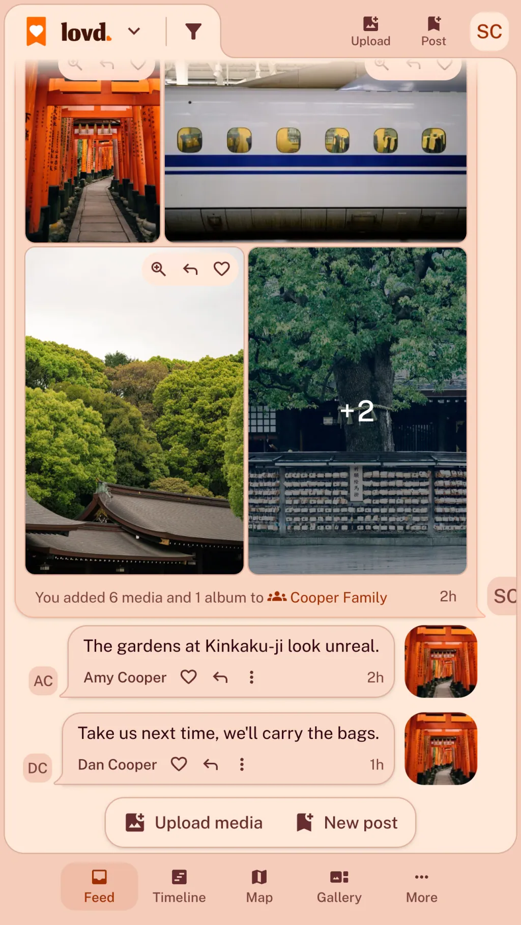 The Lovd feed: an album, "Kyoto, two years on", with photos of the Fushimi Inari gates and the bullet train, and two family comments under it.