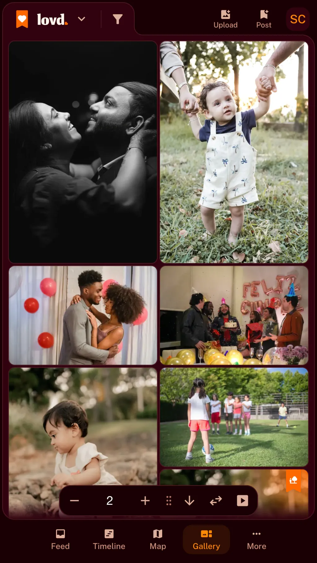 The Lovd gallery: a masonry grid of family photos, from a toddler's first steps to a birthday party and a day at the beach.