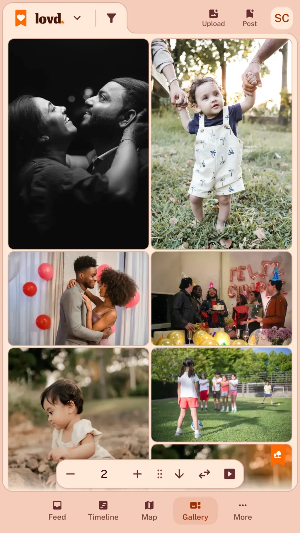 The Lovd gallery: a masonry grid of family photos, from a toddler's first steps to a birthday party and a day at the beach.