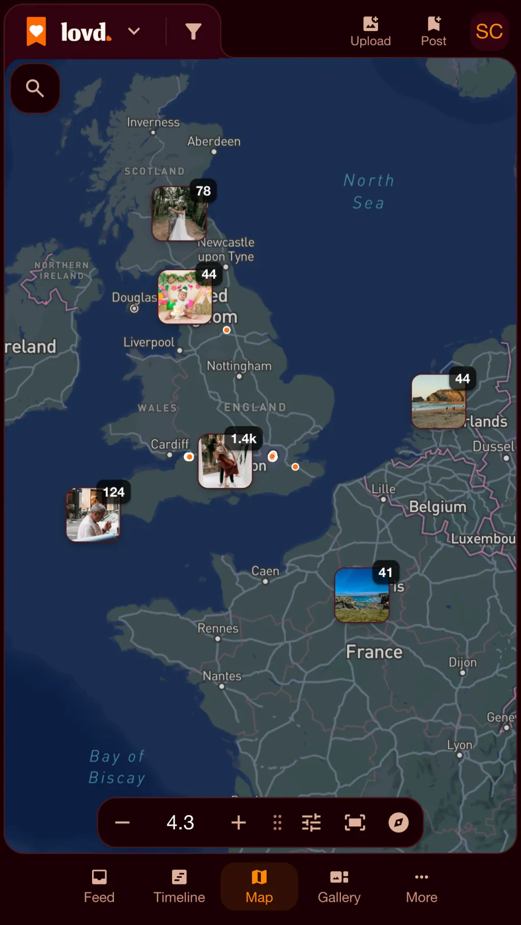The Lovd map of Europe with photo stacks across the UK, France, the Netherlands and Italy, most of them in southern England.