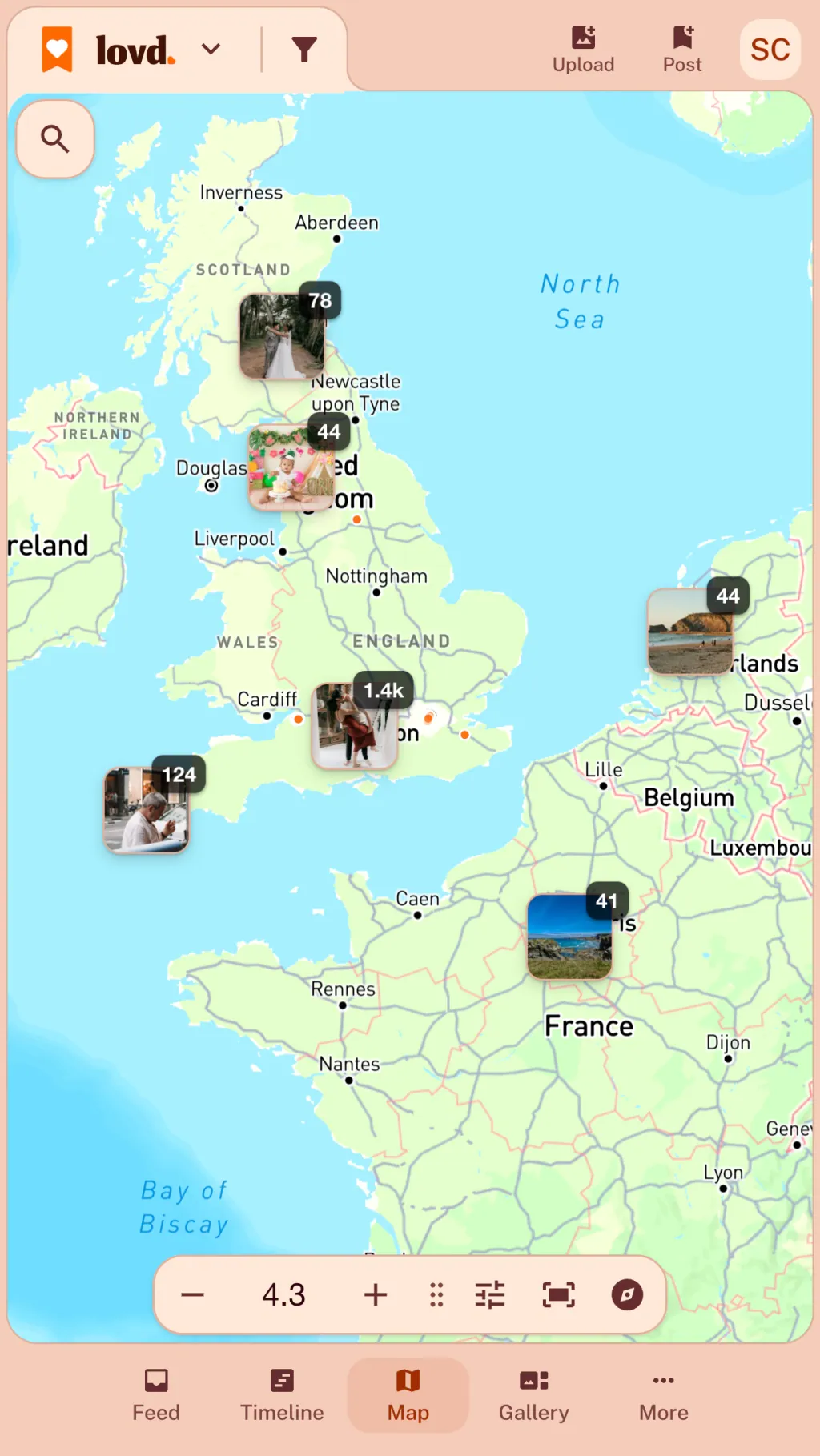 The Lovd map of Europe with photo stacks across the UK, France, the Netherlands and Italy, most of them in southern England.