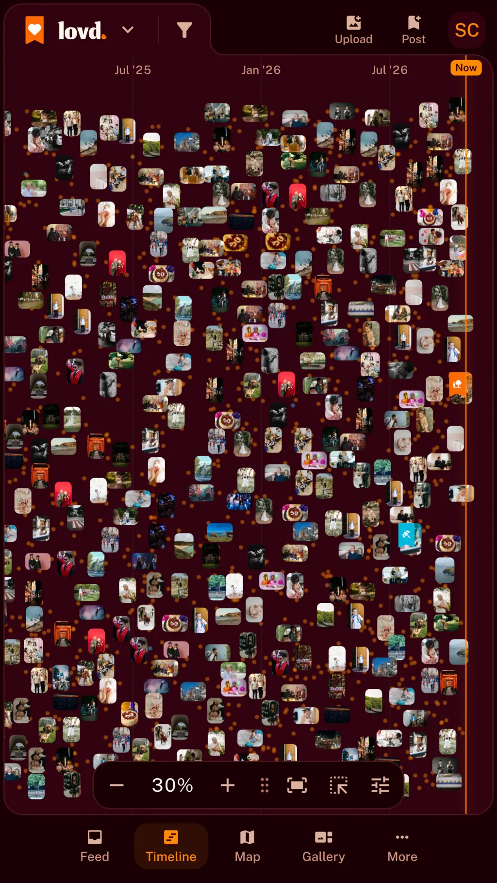 The Lovd timeline zoomed out from 2016 to 2025, with a family's photos and posts spread across the years.