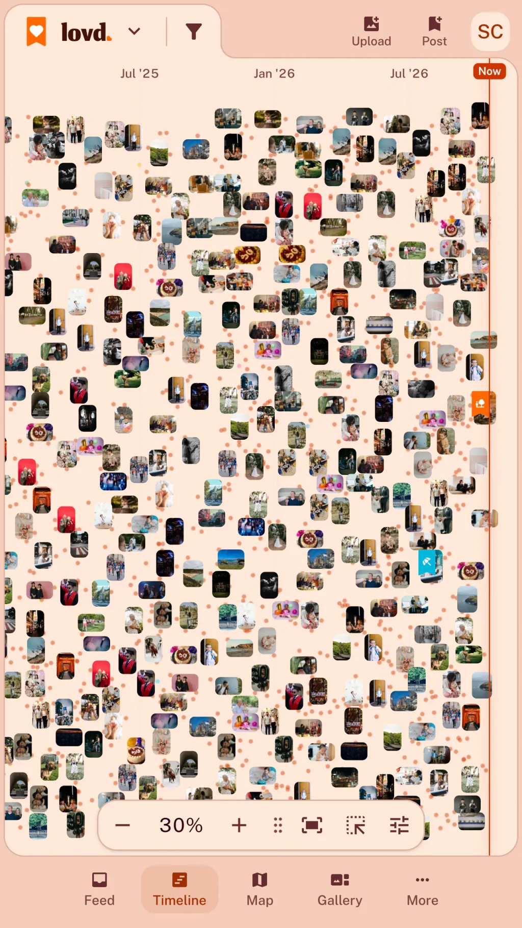 The Lovd timeline zoomed out from 2016 to 2025, with a family's photos and posts spread across the years.