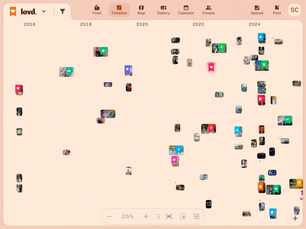 The Lovd timeline zoomed out from 2016 to 2025, with a family's photos and posts spread across the years.